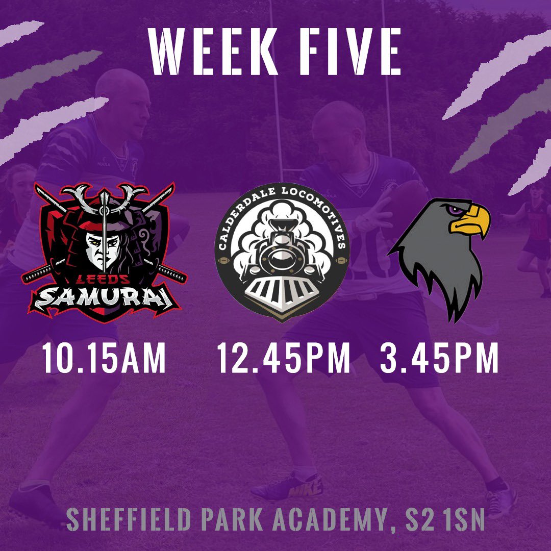 Week five is here and we’re off to South Yorkshire to take on <a href="/SamuraiFlagball/">Leeds Samurai</a>, Calderdale Locomotives and <a href="/blackhawksflag/">Newcastle Blackhawks</a> See you all there! #dontcare #bafa