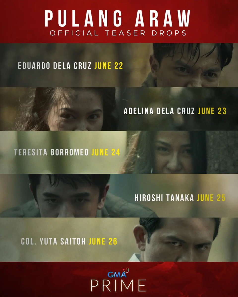 #Repost <a href="/gmanetwork/">GMA Network</a>

𝙈𝘼𝙍𝘼𝙈𝙄 𝙋𝘼 𝙆𝘼𝙔𝙊𝙉𝙂 𝘿𝘼𝙋𝘼𝙏 𝘼𝘽𝘼𝙉𝙂𝘼𝙉!

Huwag palampasin ang official teaser drops ng #PulangAraw!

June 22 - Eduardo dela Cruz
June 23 - Adelina dela Cruz
June 24 - Teresita Borromeo
June 25 - Hiroshi Tanaka
June 26 - Col. Yuta Saitoh