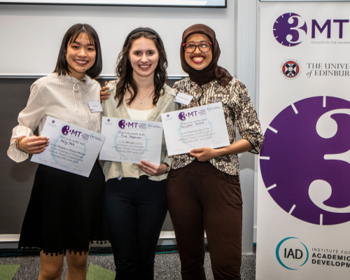 UoE_IAD's tweet photo. Our 9 finalists really went all out to run down the clock at the #3MT2024 final. Congratulations to our winners!  🌟Winner: Áine Heffernan @AnneRowlClinic
🌟Runner up: Marifatul Amalia 
🌟People's choice: @NellyMak_sc 

📷Sam Ingram-Sills 
@3MT_official @EdinburghUni https://t.co/Fm4hC8JbId