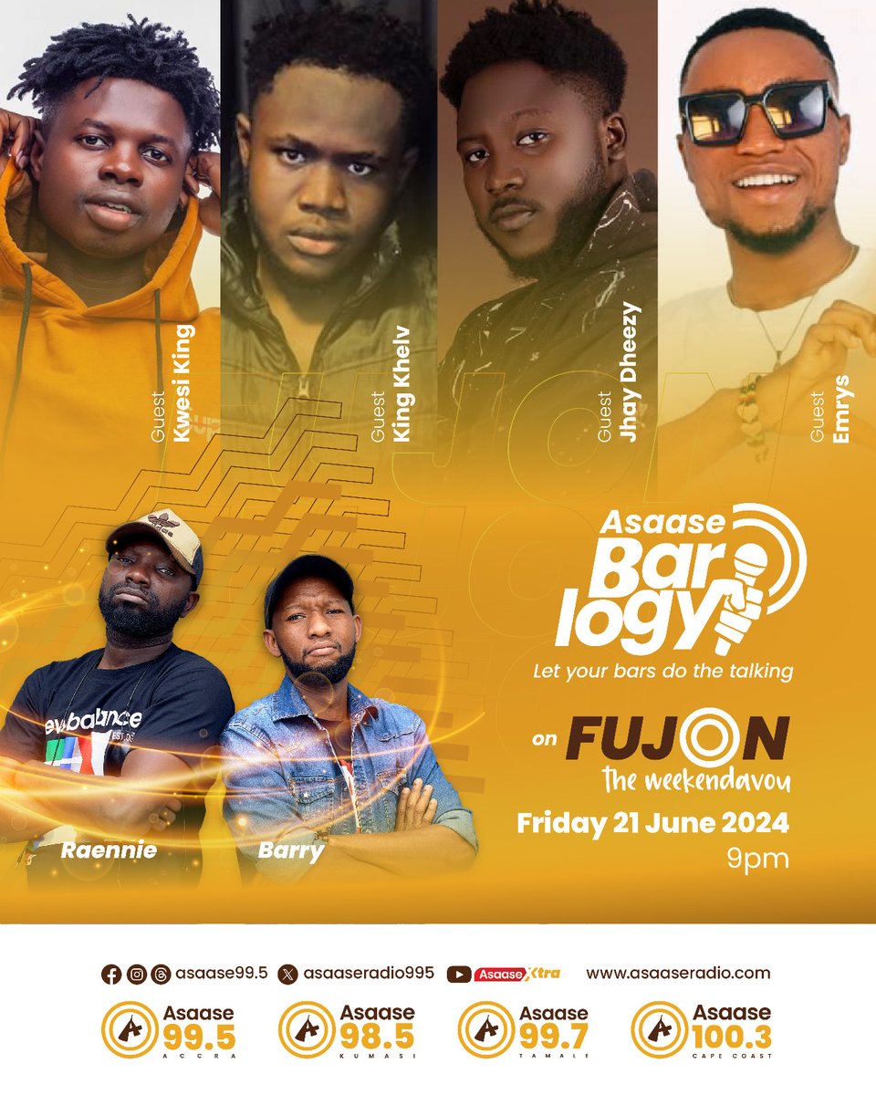 asaaseradio995's tweet photo. At 9PM, expect fireworks on the mic, as Kwesi King, King Khelv, Jhay Dheezy and Emrys light the #Barlogy fuse with jaw-dropping rhymes, bars and vibes!!!
Enjoy the live experience exclusively on #AsaaseRadio, both on-air and on our Facebook livestream!!!
#AsaaseXtra | #Fujon https://t.co/P83dPlcLma
