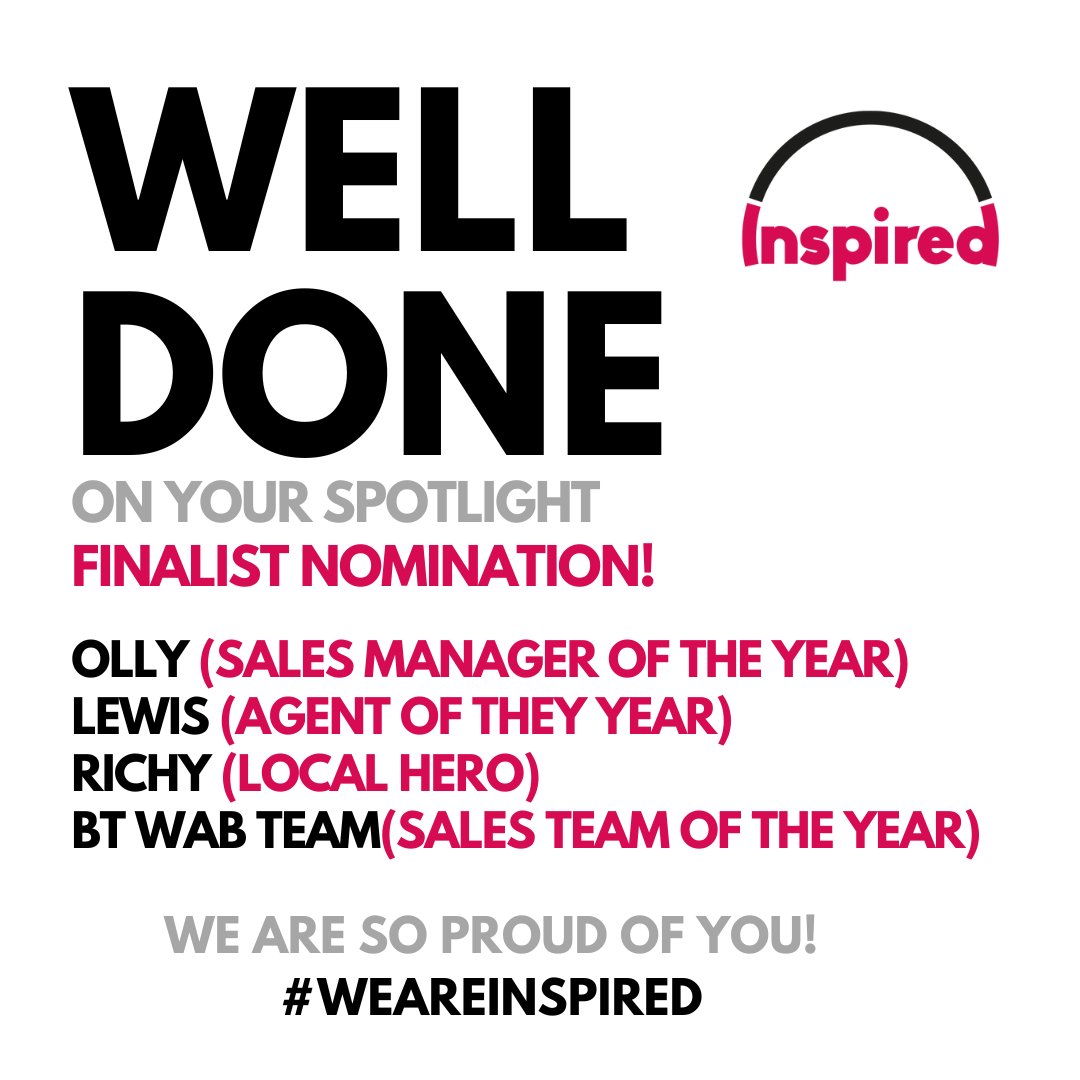 We are thrilled to announce that multiple Inspired employees have been recognised as finalists in the Spotlight Awards, highlighting their exceptional contributions and dedication to their colleagues, client and customers! Well Done Olly, Richy, Lewis and BT WAB Team!.