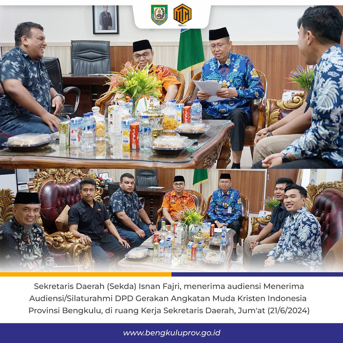 mediacenterBKL's tweet photo. Audiensi Menerima Audiensi/Silaturahmi DPD Gerakan Angkatan Muda Kristen Indonesia Provinsi Bengkulu, di ruang Kerja Sekretaris Daerah, Jum'at (21/6/2024. https://t.co/TeI0mUXsdk