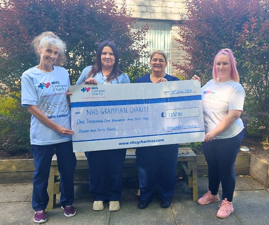nhsgcharity's tweet photo. We are absolutely THRILLED to meet some of the Morningfield Angels who raised an incredible £1,152.50 for Morningfield House at this year's Kiltwalk 

Thank you to the team for their incredible fundraising efforts, and to everyone who supported them 💙 

@NHSGrampian @SOARS_WGH https://t.co/7aLxlfSa1D