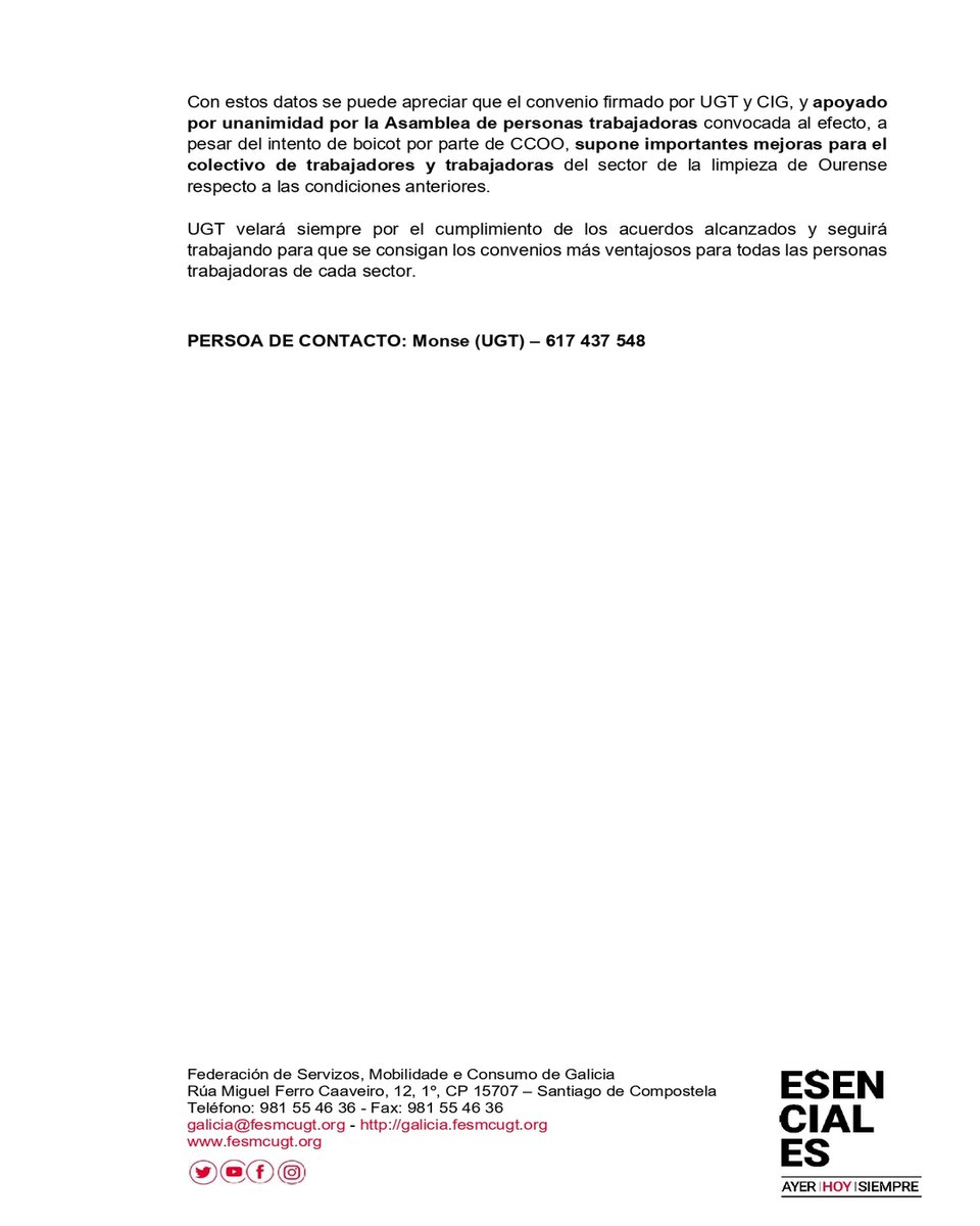 FesmcG's tweet photo. 📣 UGT e CIG firman o Convenio de Limpeza da provincia de Ourense ante a negativa de CCOO.

ℹ️  Este acordo mellora en moitas aspectos as condicións laborais dxs trablladorxs do sector da provincia de Ourense.

#UnidosGanamosTOdos
#UGT https://t.co/PbCmYkG4J6