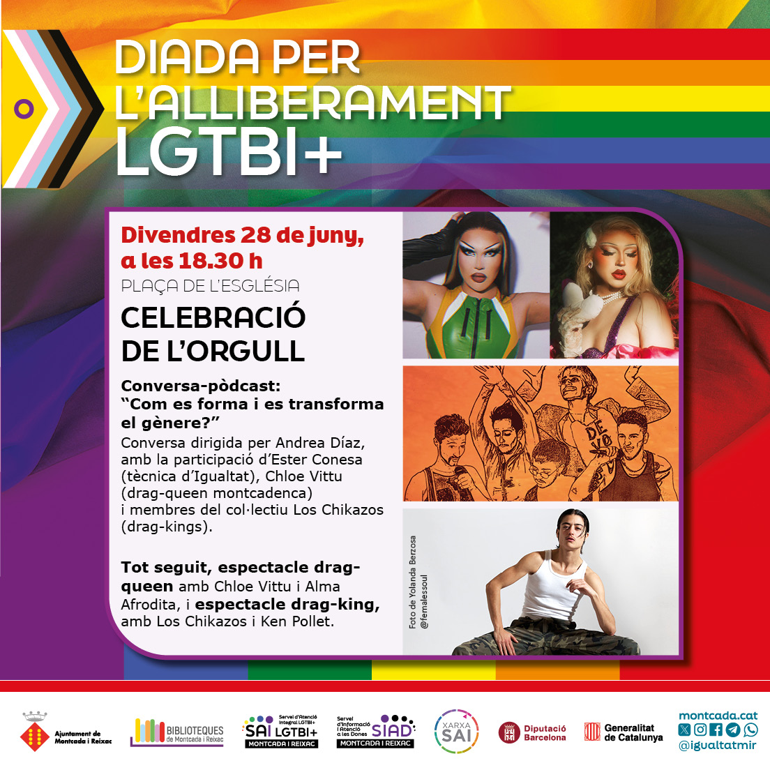 #28J #OrgullLGTBIQMiR I divendres 28 de juny Celebrem l'Orgull amb una proposta innovadora de Drag Kings (amb <a href="/kenpollet/">Ken Pollet</a> <a href="/chicazos/">Chicazos</a>) i Drag Queens (<a href="/VittuChloe/">Chloe Vittu</a> i <a href="/AlmaAfroditax/">Alma Afrodita</a>), amenitzada per una conversa-podcast pública que ens explicarà què és això del gènere i el món DRAG!😊