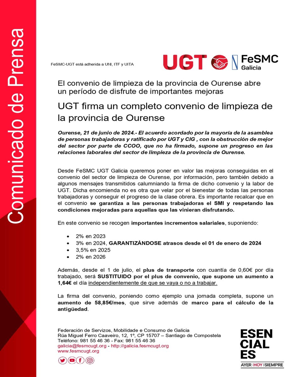 FesmcG's tweet photo. 📣 UGT e CIG firman o Convenio de Limpeza da provincia de Ourense ante a negativa de CCOO.

ℹ️  Este acordo mellora en moitas aspectos as condicións laborais dxs trablladorxs do sector da provincia de Ourense.

#UnidosGanamosTOdos
#UGT https://t.co/PbCmYkG4J6