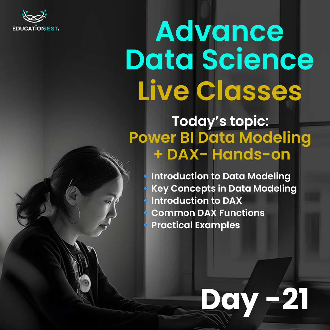 EducationNest's tweet image. Join day 21 of our Free #AdvancedDataScience Course! 
Today&apos;s focus: #PowerBI #DataModelling + #DAX!

Master the art of creating robust data models and leveraging DAX for dynamic calculations with #EducationNest today.

🔗 Time: 7:30 pm, Link: [t.ly/vqmf6]