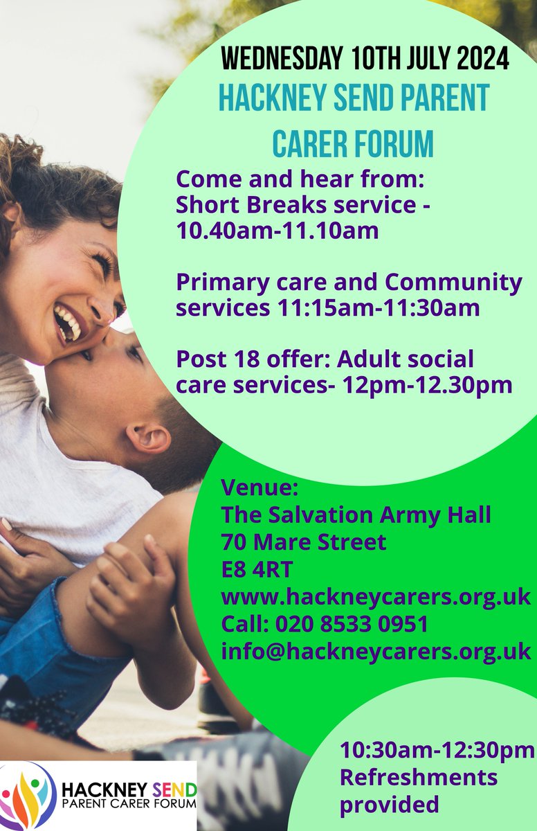 Please come along to our next Parent Carer Forum where you can hear from Katherine Doyle on Short break services, Jody Barrientos on Primary care and community and Adult social care services on Post 18 offer. 
📅 10th July 2024
📍 Salvation Army 70, Mare Street Hackney E8 4R
