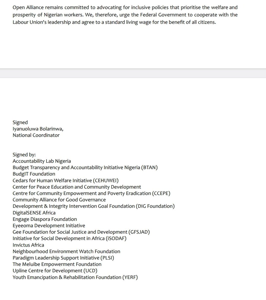In the spirit of calling on the Nigerian government to do right by its workers! The Open Alliance Joins its voice to request a living wage for workers. 

Read our full statement below.