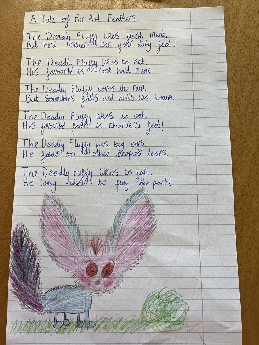 tiffanyebrey's tweet photo. @RumbleCoral  we are having a lovely time with your brilliant poems in Owl Class. This week we read “A Tale Of Fur And Feathers.” We liked the minky pooka and invented some friends for him! :) https://t.co/T617fxbDuL