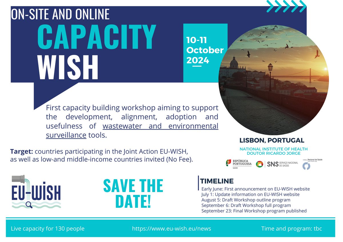 We're hosting a workshop!

We'll have an on-site and online workshop on #CapacityBuilding to support the development of #WastewaterSurveillance tools.

On October 10-11 2024 in Lisbon, Portugal. Details:
eu-wish.eu/get-involved/e…

#EU_WISH
#GLOWACON
<a href="/EU_HaDEA/">HaDEA</a> 
<a href="/EC_HERA/">EU HERA</a> 
<a href="/EU_Health/">EU One Health</a>