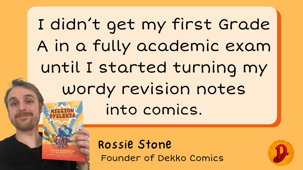 DekkoComics's tweet image. &quot;I didn&apos;t get my first Grade A in a fully academic exam until I started turning my wordy revision notes into comics.&quot; - Rossie Stone, Founder of Dekko Comics
#Dyslexia #AccessibleLearning #Neurodiverse #Education #Learning #EducationalResources