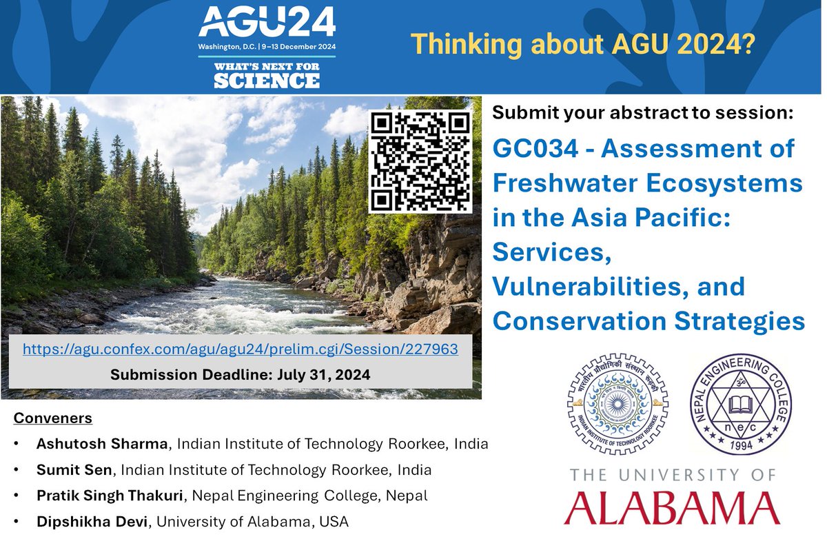 We're hosting an #AGUFallMeeting session on #Freshwater ecosystems in Asia-Pacific! Submit your abstract on services, vulnerabilities, &amp; conservation strategies by 31 July to join the discussion! More info: agu.confex.com/agu/agu24/prel… 
<a href="/SUMITSE14587600/">SUMIT SEN</a> <a href="/ThakuriPratikS/">Pratik Singh Thakuri</a>
