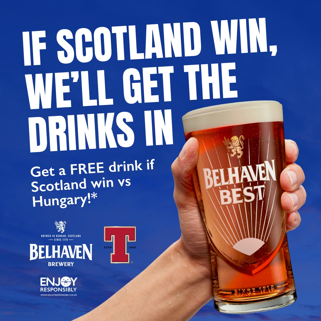 BelhavenBrews's tweet photo. We can’t guarantee a win on Sunday but we can guarantee you a free pint if we do!  

*Free pint available on selected drinks at participating  Belhaven Pubs and subject to Scotland winning on 23rd June only. Full T&amp;Cs apply
 https://t.co/rqf6M7AQYX
#GoodTimesAlmostGuaranteed https://t.co/0QSjH83cmI