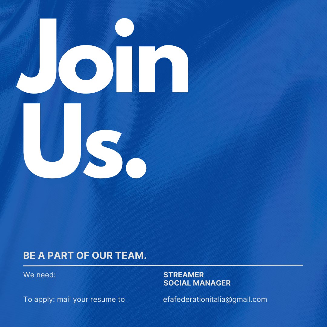 Vuoi far parte dello staff di EFA ITALIA? 🇮🇹
Posizioni aperte
🔍 STREAMER &amp; MANAGER .
Per tutte le info scriveteci in DM 

#staff #hiring #joinus #streamer #socialmanager #social #caster #fc25 #Fc #eaesports #efaeurope #efaesports #ProClubs