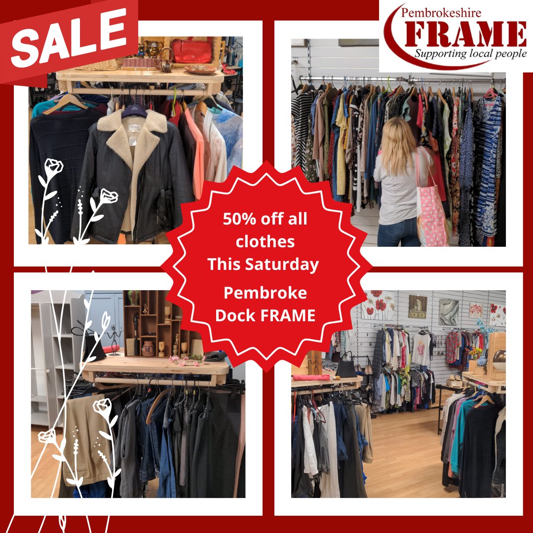 Thanks to your incredible clothes donations, Pembroke Dock FRAME has a fantastic display of clothing right now. To celebrate, we're offering 50% off all clothing this Saturday!

Come down to our new and improved store in St Govan's Shopping Centre and find some amazing deals.