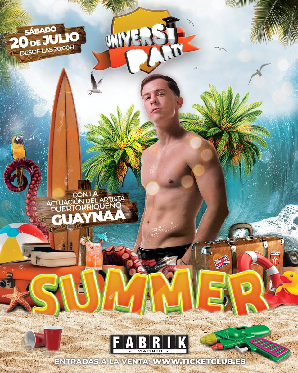 🏖️🎊UniversiParty SUMMER🎊🏖️

Nuestra fiesta más veraniega, con los míticos cañones de espuma, muchas + sorpresas y un invitado muy especial:

🎤🇵🇷 GUAYNAA 🇵🇷🎤

🗓️ Sábado 20 de Julio
🕗 Desde las 20:00
📍 <a href="/fabrikdiscoteca/">FABRIK</a> 

🎫 ENTRADAS - Desde 20€

ticketclub.es/es/plans/18586…
