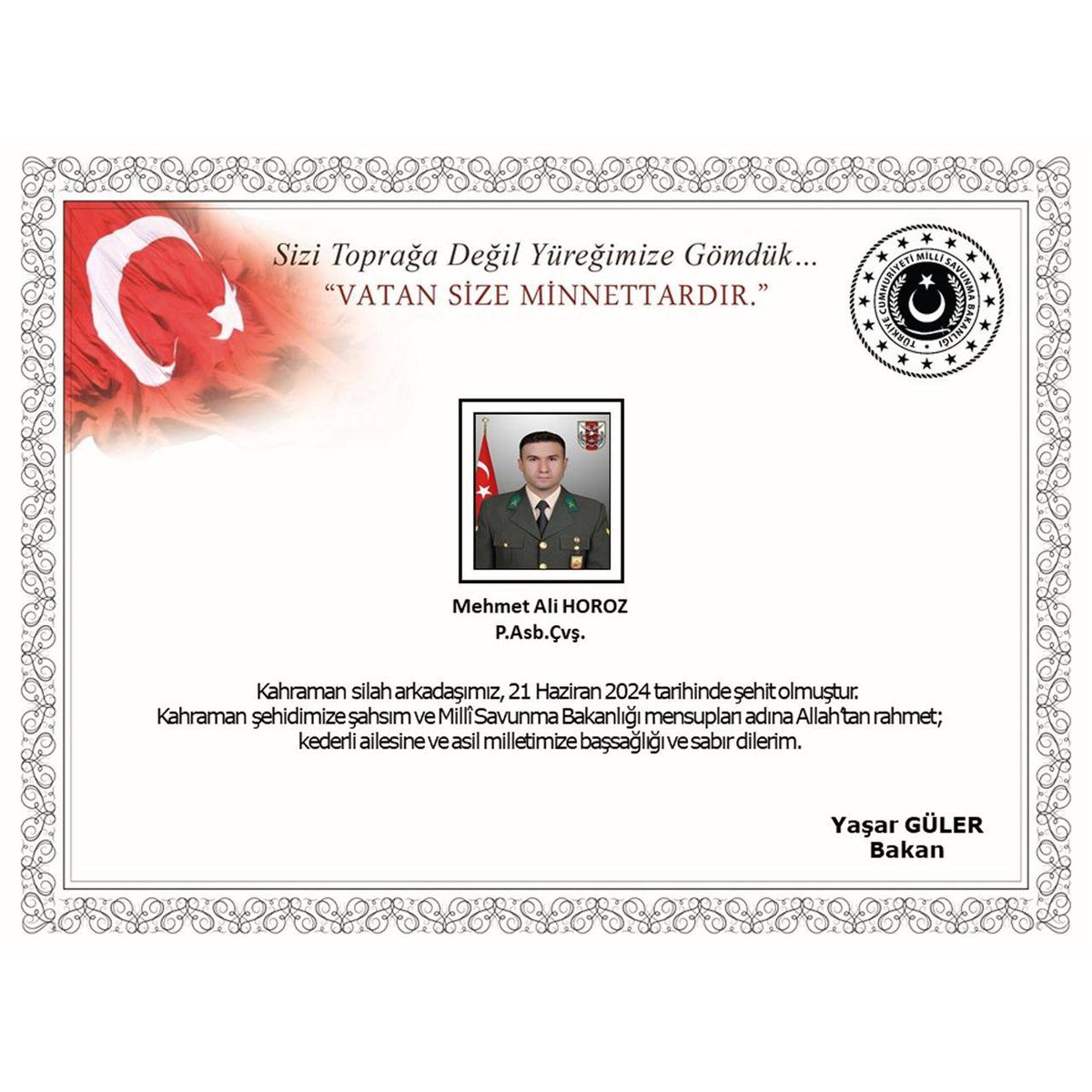 Pençe-Kilit operasyonu bölgesinde teröristlerle girilen çatışmada şehit olan Mehmetçiğimiz P. Asb. Çvş. Mehmet Ali Horoz’a Allah’tan rahmet, kederli ailesine sabırlar diliyorum 🇹🇷
Milletimizin başı sağ olsun.