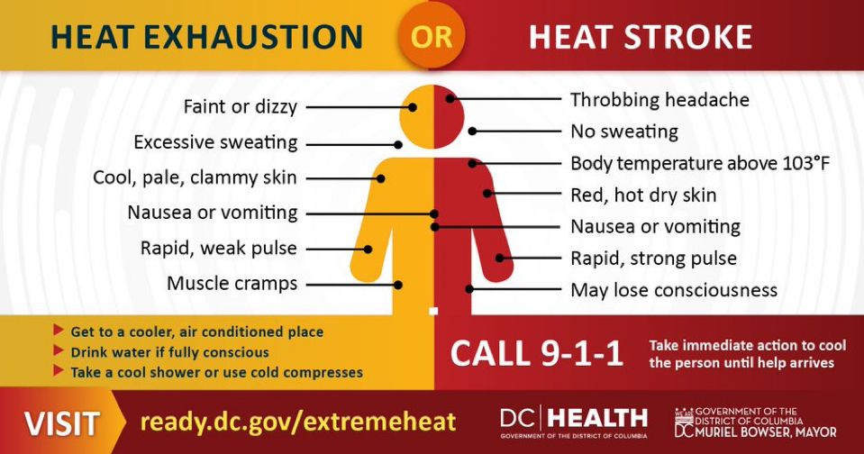 MayorBowser's tweet image. Stay safe in the heat:

🧊 Limit time outside &amp;amp; go into spaces with AC
❗️Know signs of heat stroke &amp;amp; exhaustion, call 911 for heat-related illnesses
🚰 Drink water
