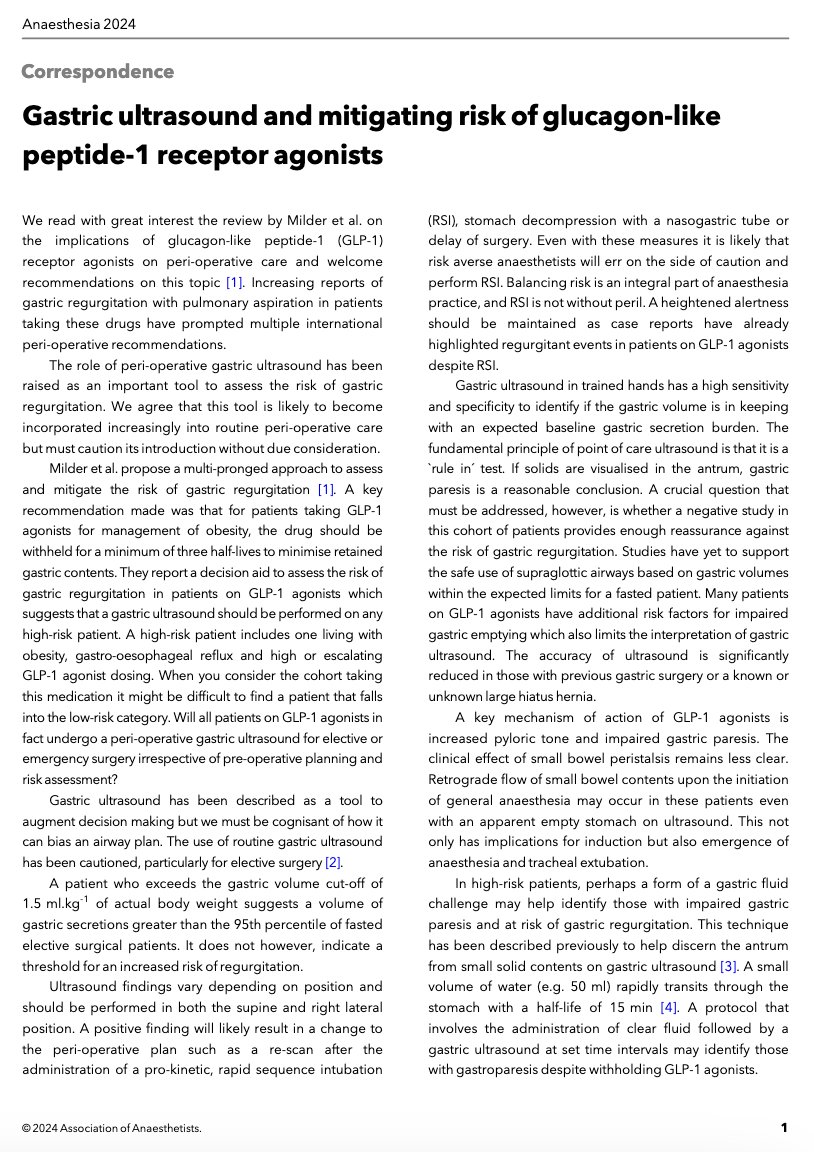 ๐๐ฏ๐ข๐ฆ๐ด๐ต๐ฉ๐ฆ๐ด๐ช๐ข (@anaes_journal) on Twitter photo Gastric ultrasound has been a hot topic at #GAMC2024
In this paper, <a href="/Rose_Kearsley/">Rose Kearsley</a> & <a href="/CianHurley5/">Cian Hurley</a> ask - does a negative gastric US in high risk patients provide enough reassurance against the risk of gastric regurgitation?
๐โฆ-publications.onlinelibrary.wiley.com/doi/full/10.11โฆ
x.com/Anaes_Journal/โฆ Gastric ultrasound has been a hot topic at #GAMC2024
In this paper, <a href="/Rose_Kearsley/">Rose Kearsley</a> & <a href="/CianHurley5/">Cian Hurley</a> ask - does a negative gastric US in high risk patients provide enough reassurance against the risk of gastric regurgitation?
๐โฆ-publications.onlinelibrary.wiley.com/doi/full/10.11โฆ
x.com/Anaes_Journal/โฆ