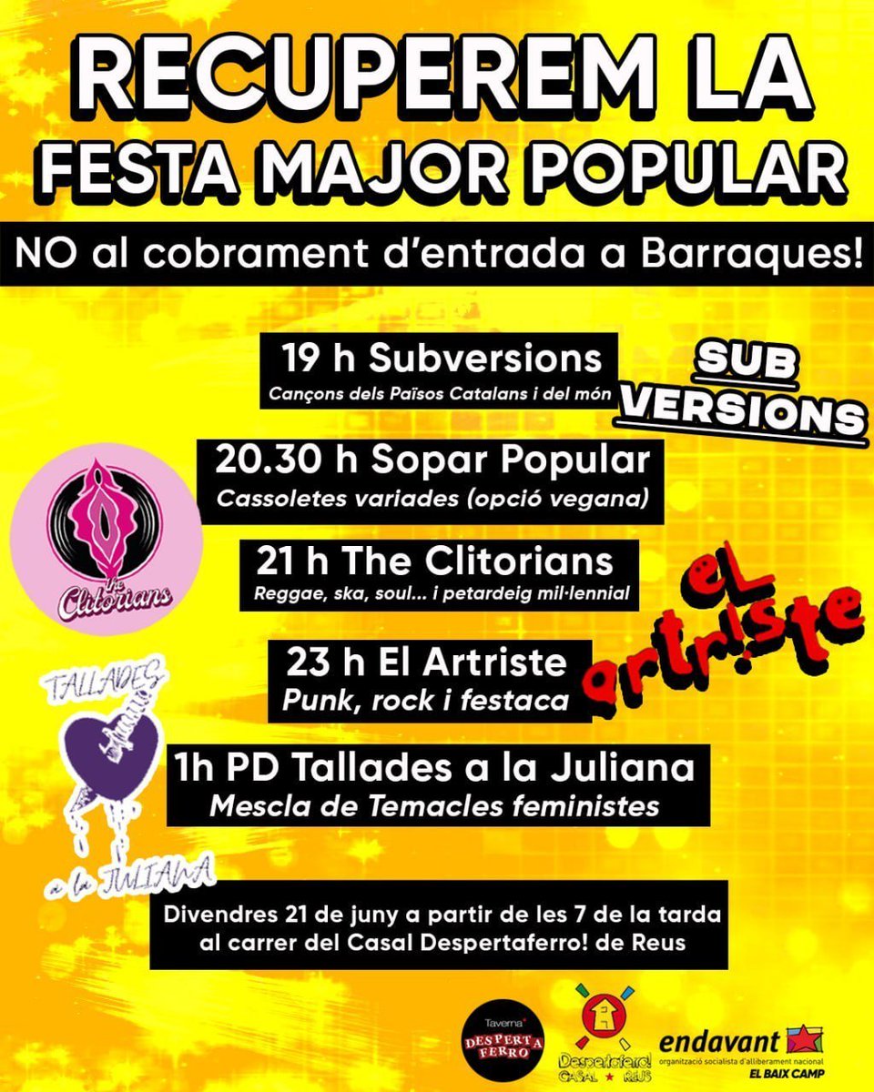 Endavant_BCamp's tweet image. Naltros tenim clar que la festa major ha de ser del poble i per al poble
📆Divendres #21J🪩
🕖19 h SUBVERSIONS🎸
🕣20.30 h Sopar popular🥘
🕘21 h THE CLITORIANS💿
🕚23 h EL ARTRISTE🎤
🕐01 h PD TALLADES A LA JULIANA💽
📌Davant del Casal
🥳 Us hi esperem!🎶
ja.cat/Kekf0
