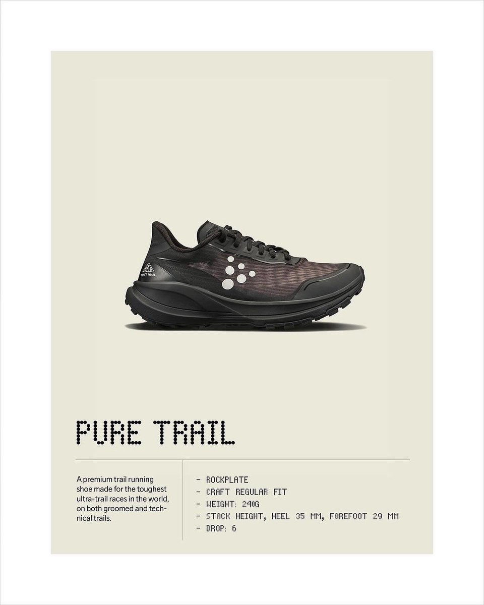 Simply naturally fast.

Developed together with Craft Elite Run Team, the Pure Trail combines the highly responsive CR foam with a roomy upper and a rugged, grippy outsole. Lace it up and you will be ready to move through any kind of terrain at top speed.

Explore new colourways
