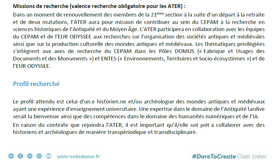 Archaiographos's tweet photo. L'université Côte d'Azur recrute pour la rentrée prochaine un ATER en histoire ancienne et médiévale. Venez travaillez chez nous (au bord de la mer) !
Candidatures ouvertes jusqu'au 1er juillet : merci de diffuser, vu les délais serrés... https://t.co/goh7Lp61n2