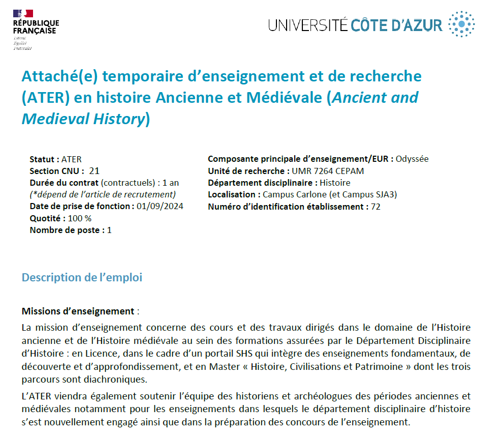 Archaiographos's tweet photo. L'université Côte d'Azur recrute pour la rentrée prochaine un ATER en histoire ancienne et médiévale. Venez travaillez chez nous (au bord de la mer) !
Candidatures ouvertes jusqu'au 1er juillet : merci de diffuser, vu les délais serrés... https://t.co/goh7Lp61n2