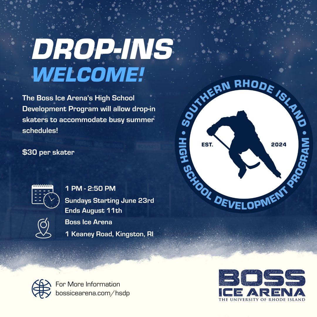 Attention High School Skaters!

Busy summer? No problem! Boss Ice Arena's High School Development Program now offers drop-ins to fit your schedule. Join us for our first session this Sunday from 1pm-2:50pm. Just $30 per session.