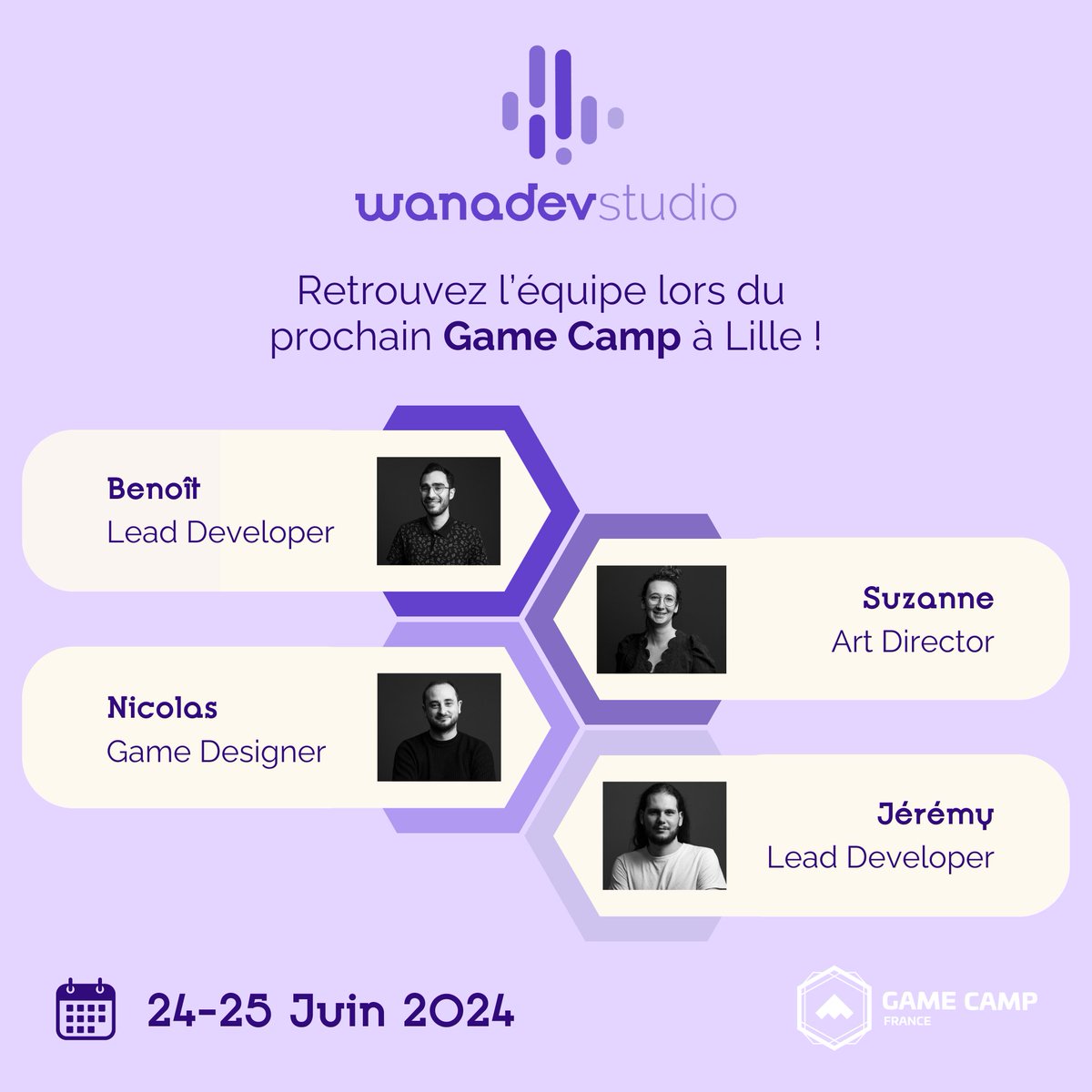 Une partie de l'équipe sera présente les 24 et 25 juin au <a href="/GameCampFrance/">Game Camp France</a> 
C'est l'occasion rêvée de rencontrer ces talents! ♥

#gamecamp #gamecamp24 #indiestudio