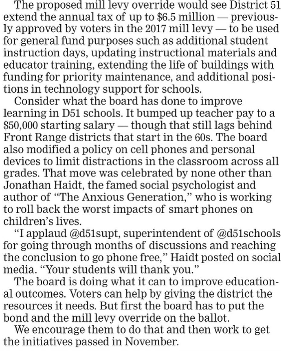d51supt's tweet photo. A no tax rate increase $190 million bond to address school building deficiencies in @d51schools, and a no tax rate increase MLO to extend the 2017 MLO that will sunset soon and pays for extra school days, curriculum, professional learning, and capital improvements. We have over $600 million worth of deficiencies and safety needs in our schools, and we can take care of $190 million of them without raising the tax rate. And we need to continue the 2017 MLO, without raising the tax rate, so we don’t go backwards on student achievement and teacher pay after making so many gains recently. STRONG SCHOOLS = STRONG COMMUNITY. #WeAreD51