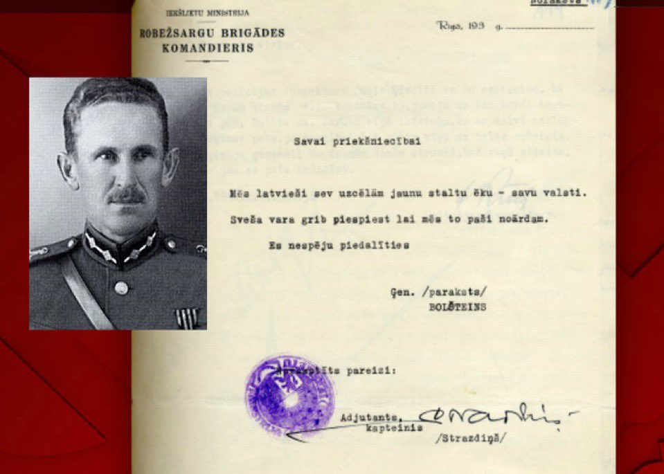 0808Iveta's tweet photo. Šodien pieminam Robežsargu brigādes komandieri ģenerāli Ludvigu Bolšteinu. 21.06.1940. viņš nošāvās, protestējot pret Latvijas okupāciju.

“Mēs, latvieši, sev uzcēlām jaunu staltu ēku - savu valsti. Sveša vara grib piespiest, lai mēs to paši noārdām. Es nespēju piedalīties.” 1/7 https://t.co/LamrQMIlgd