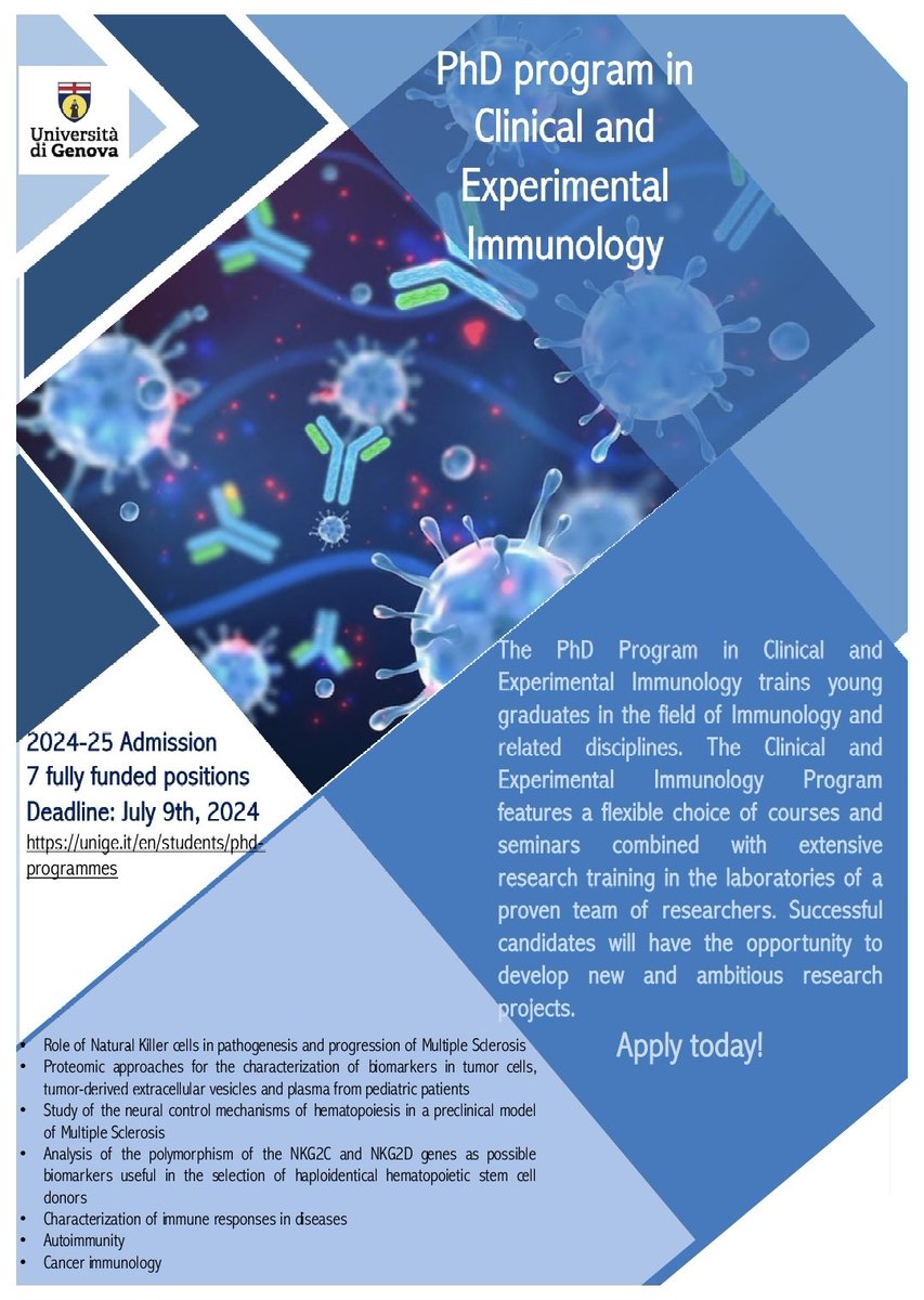 Simona Sivori (@simonasivorink) on Twitter photo Call for PhD positions in Clinical and Experimental Immunology available at <a href="/UniGenova/">Università di Genova</a> Call for PhD positions in Clinical and Experimental Immunology available at <a href="/UniGenova/">Università di Genova</a>