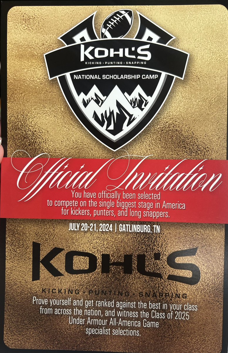 After yesterday’s <a href="/KohlsKicking/">Kohl's Kicking Camps</a>  camp I was blessed to receive this invitation to the national showcase! I’m so excited &amp; cannot wait to learn more! <a href="/CoachSFountain/">Scott Fountain</a> <a href="/coachtfountain/">Tanner Fountain</a> <a href="/TreyBiddy/">Trey Biddy</a> <a href="/ArRecruitingGuy/">Richard Davenport</a> <a href="/RRainwater1037/">Randy Rainwater</a> <a href="/BretCulbertson/">Bret Culbertson</a> @ATUFOOTBALL <a href="/UCA_Football/">𝗨𝗖𝗔 𝗕𝗘𝗔𝗥𝗦 𝗙𝗢𝗢𝗧𝗕𝗔𝗟𝗟</a>
