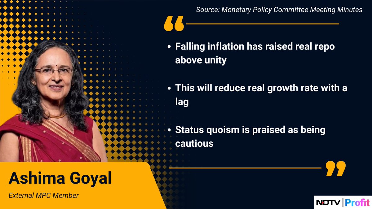 NDTVProfitAlpha's tweet photo. #MPCMinutes | Falling inflation has raised real repo above unity, says External MPC Member Ashima Goyal. 

For the latest news and updates, visit: https://t.co/MVT9qbASgP https://t.co/nirGKeS4ru