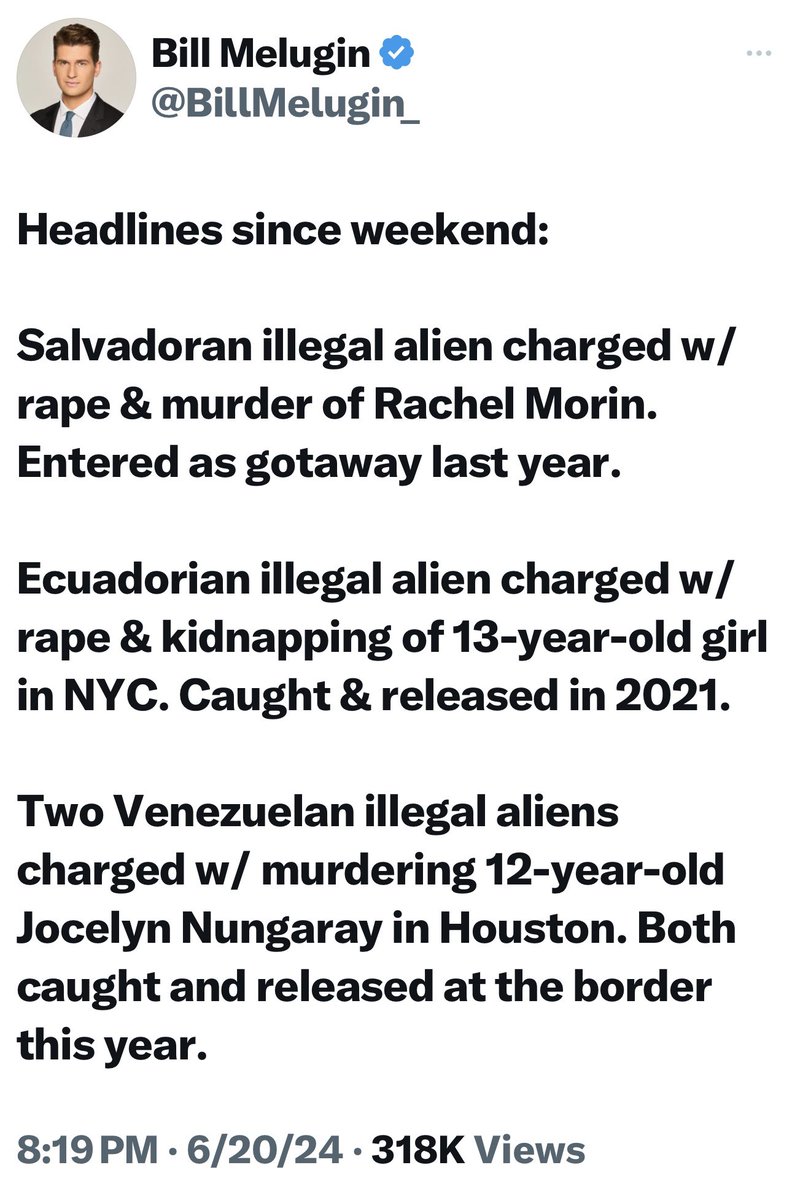 FmrRepMTG's tweet image. Joe Biden has filled our country with murderers, rapists, child rapists, and every kind of monster foreign countries do not want.

And now they are KILLING WOMEN AND CHILDREN!!!

No it’s not Russian aggression or Israel and Gaza or China or North Korea or Iran or fictional…