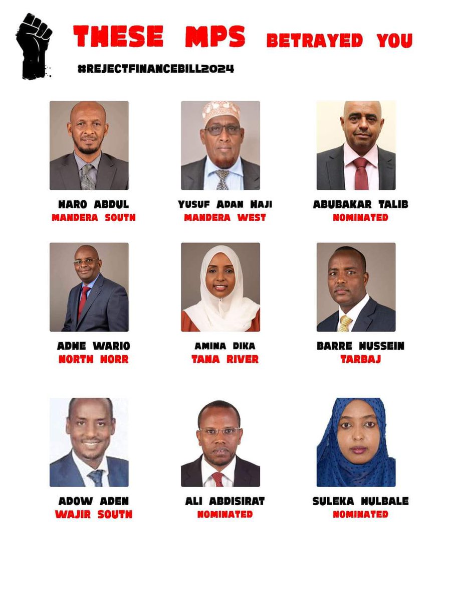 The Gen z are woke ! If you don't have a voter's card,register for one ... 2027 we live no stone unturned, in sha Allah.  There will be no escape route. <a href="/HonAdanHaji/">Hon. Adan Haji Yussuf, CBS</a> <a href="/WGAdhe1/">Hon Adhe Wario</a> <a href="/AminaDika_/">Hon. Amina Dika Abdullahi</a> <a href="/HusseinAbdiBare/">Hon. Hussein Abdi Barre, Mp Tarbaj</a> <a href="/Moadow/">Hon. Mohammed Adow</a> <a href="/Honadendaud/">Hon. Aden Daud, EBS</a> #REJECTFİNANCEBİLL2024