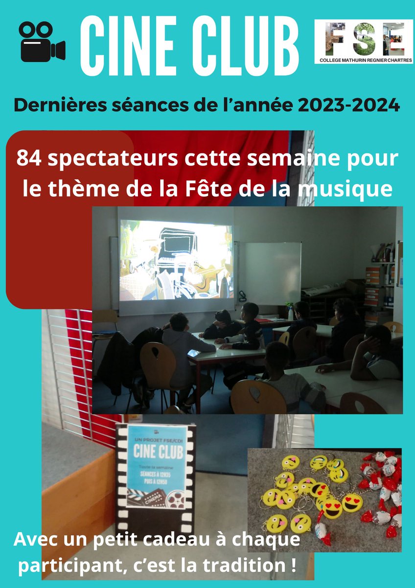 CDIMathurin's tweet photo. 🎬Clap de fin pour le Ciné Club 2023-2024🎥 sur le thème de la fête de la musique🎶🎵
RDV à la rentrée ! Toujours avant chaque vacances, mais à un horaire différent. Nous commencerons à 12h05, pour que tout le monde arrive en même temps, et pouvoir passer des films plus longs. https://t.co/qqwIPz9lwk