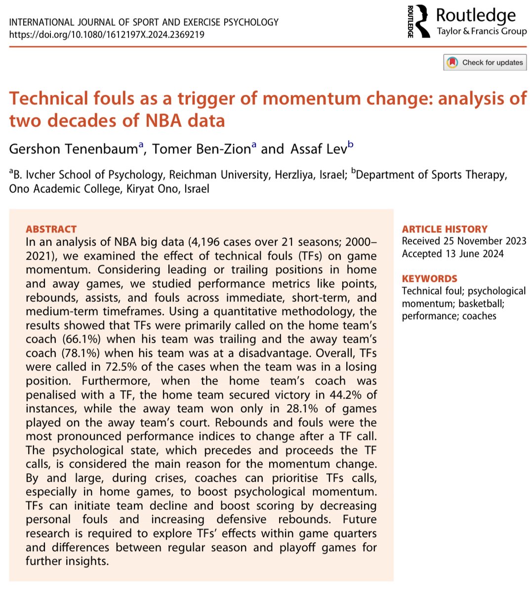 Our new paper in the
International Journal of Sport and Exercise Psychology finally addresses the intriguing question: Do technical fouls committed by an NBA coach affect the momentum of a game? 
tandfonline.com/doi/full/10.10…
#psychology #sportspsychology #NBA