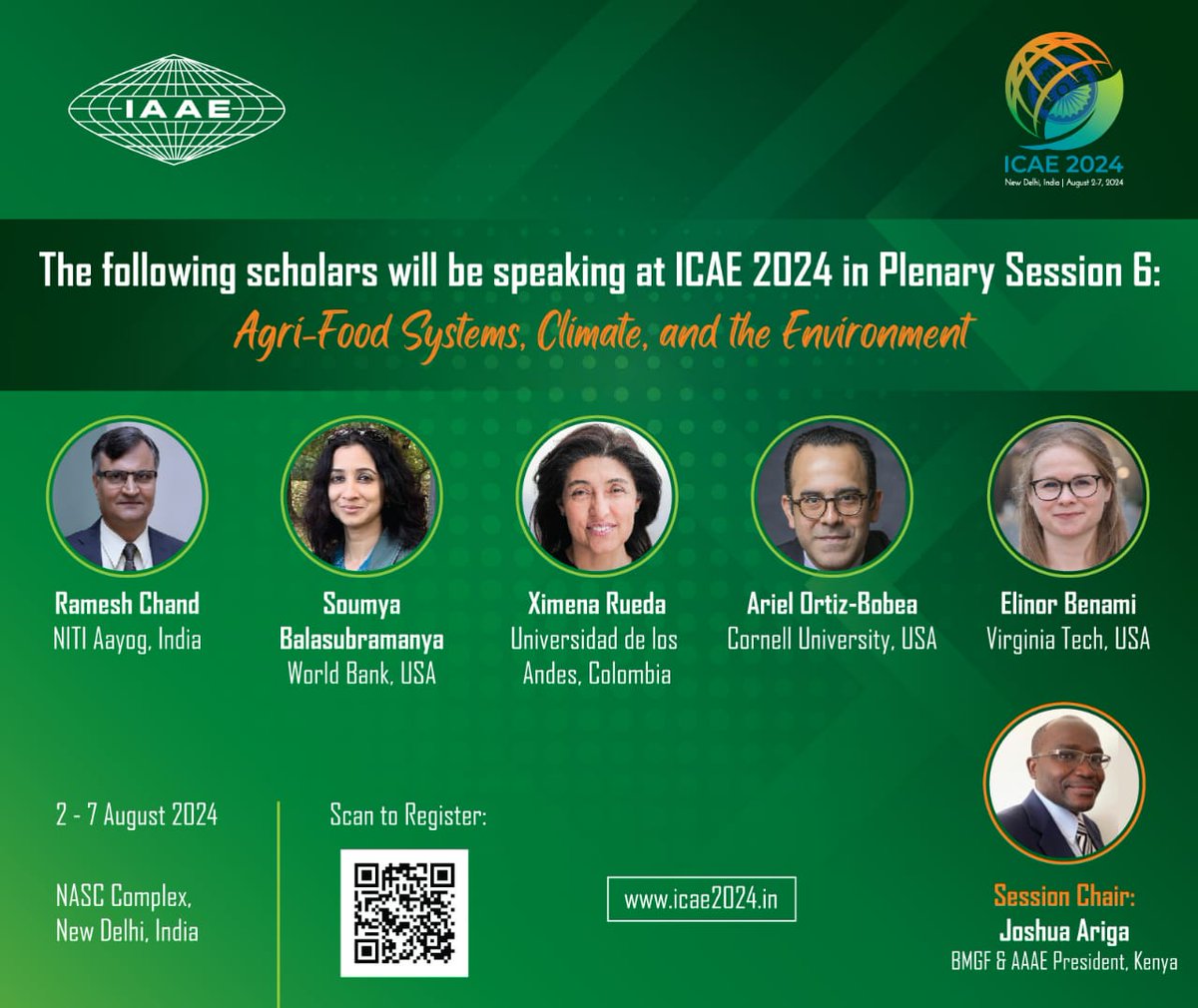 Int. Association of Agricultural Economists (@iaaeagecon) on Twitter photo 42 days to #ICAE2024:
Plenary 6 will be on August 6 and will focus on Agri-Food Systems, Climate, and the Environment.
Session speakers include Ramesh Chand, <a href="/soumyahb/">Soumya Balasubramanya</a>, Ximena Rueda, <a href="/ArielOrtizBobea/">Ariel Ortiz-Bobea</a> & <a href="/ebenami/">Elinor Benami</a>.
IAAE President-elect <a href="/MatinQaim/">Matin Qaim</a> invites #AgEcons to #MeetInDelhi 42 days to #ICAE2024:
Plenary 6 will be on August 6 and will focus on Agri-Food Systems, Climate, and the Environment.
Session speakers include Ramesh Chand, <a href="/soumyahb/">Soumya Balasubramanya</a>, Ximena Rueda, <a href="/ArielOrtizBobea/">Ariel Ortiz-Bobea</a> & <a href="/ebenami/">Elinor Benami</a>.
IAAE President-elect <a href="/MatinQaim/">Matin Qaim</a> invites #AgEcons to #MeetInDelhi