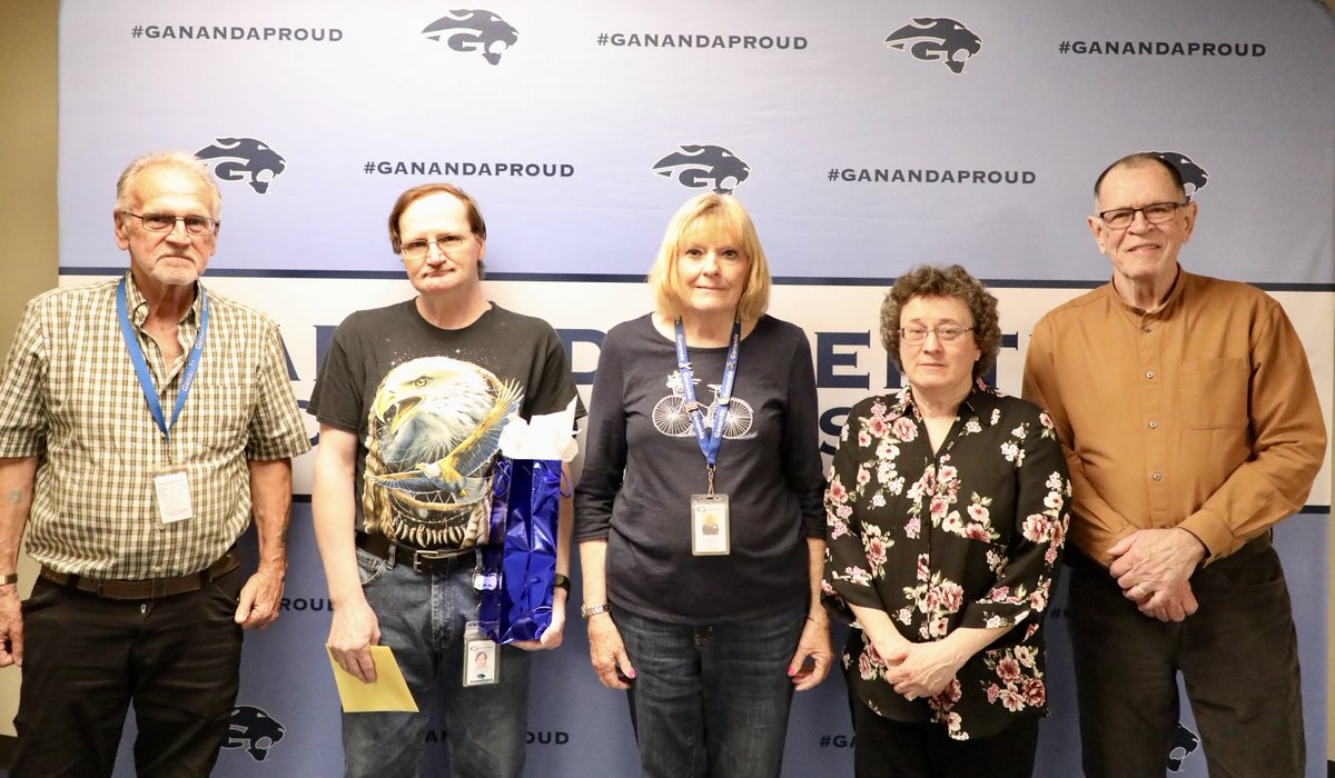 Big congrats &amp; a HUGE #GanandaProud thank you to our district retirees this year!

BOE President Greg Giles (right) helped the BOE recognize (l to r) George Payne (bus driver), Bob Murphy (cleaner), Noreen Payne (bus monitor) &amp; Sue DeGraff (teacher).