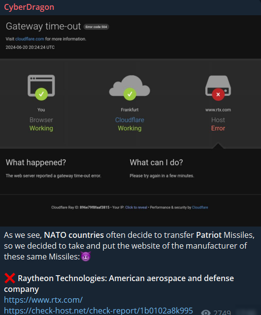 DarkWebInformer's tweet photo. 🚨DDoS🚨CyberDragon has targeted Raytheon Technologies..

Proof of downtime : https://t.co/TX1M3eH06J https://t.co/sPgQHraLXr