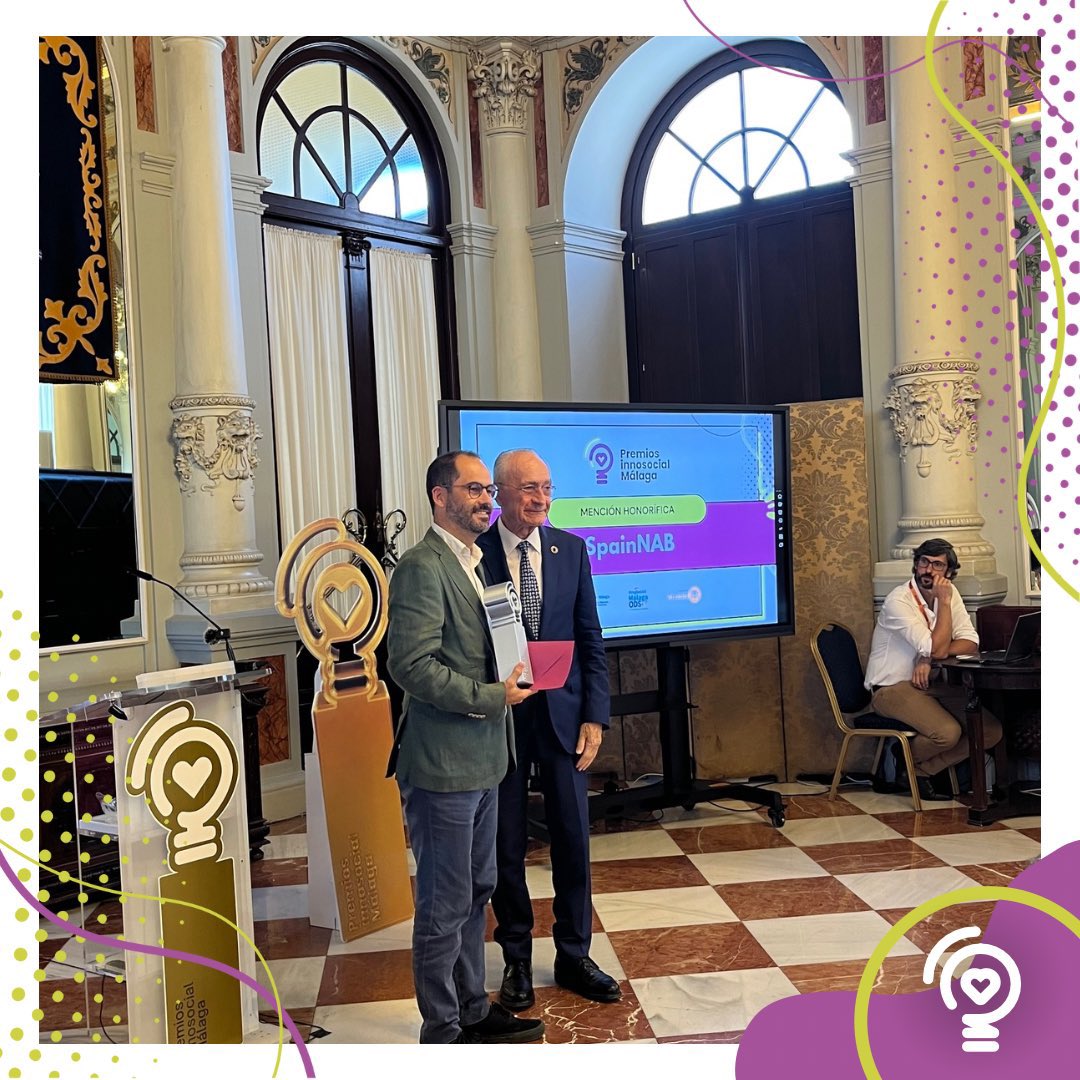 SpainNAB's tweet image. Hoy en #InnosocialMálaga2024 nos han reconocido con mención honorífica por nuestra trayectoria en innovación social y por haber reunido en el #GSGSummit de 2023 a + de 1.000 referentes en #InversióndeImpacto en Málaga. Muchas gracias @pacodelatorrep por entregarnos el galardón