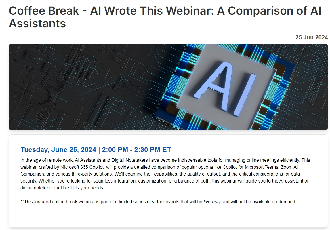 Boost your tech skills with this upcoming webinar by <a href="/Tech_Impact/">Tech Impact</a>!

June 25: "AI Wrote This Webinar: Comparing AI Assistants"

Register now: bit.ly/3KE8nhG! #Webinar
