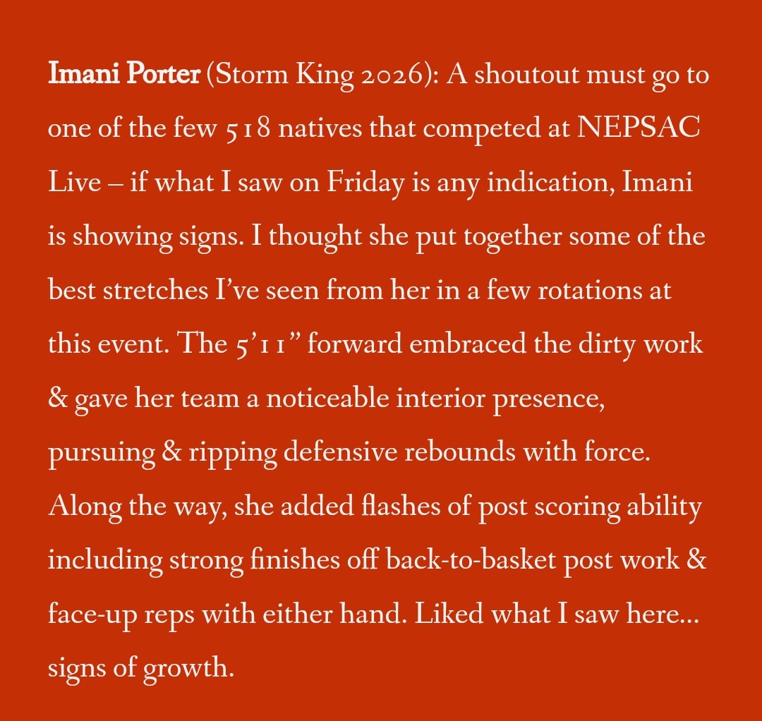 Thanks Jeff <a href="/NYSTakeover/">Empire State Takeover</a> for the write ups! <a href="/lizukejianya/">Elizabeth Ukejianya (2026)</a> <a href="/ImaniPorter_/">Imani Porter</a> had their moments at the NEPSAC showcase! Coaches be sure to watch them this summer and follow their junior season! Message me if you have any questions! <a href="/NEPSGBCA/">NEPSGBCA</a> <a href="/genedeck18/">genedeck_10</a>
