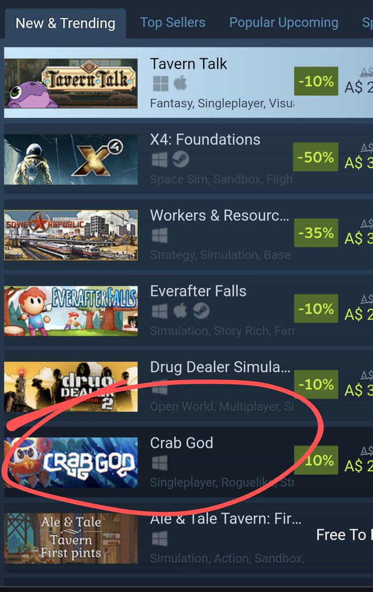 Crab God is #6 on Steam's "New and Trending" list on launch day and I'm so proud! 🥲🦀
Go you good game! Don't stop!

#steam #indiegames #crab