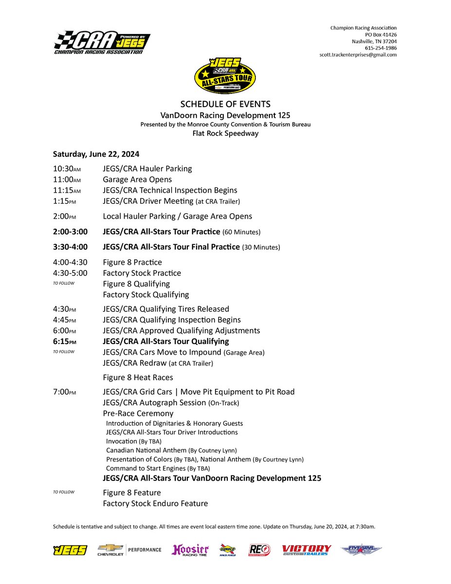 A look at the schedule of events for tomorrow's VanDoorn Racing Development 125 Presented by the Monroe County Convention &amp; Tourism Bureau with the JEGS/CRA All-Stars Tour.

#CRARacing