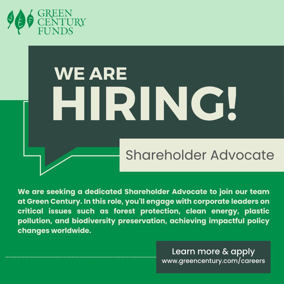 Interested in a career with Green Century? We are hiring a Shareholder Advocate to join our team!

Check out the open position here! lnkd.in/dA7Hv5s2