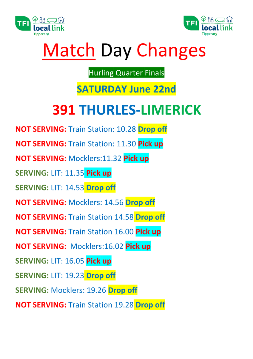 LocalLinkTipp's tweet photo. Hello Local Linkers.  Please see attached list of service disruptions that will be in place this Saturday 22nd June 2024 due to the Hurling Quarter Finals being played in Thurles.  Apologies for any inconvenience caused. #PublicTransportWins #trythebus @TippFM https://t.co/5VuA9Mu1sB