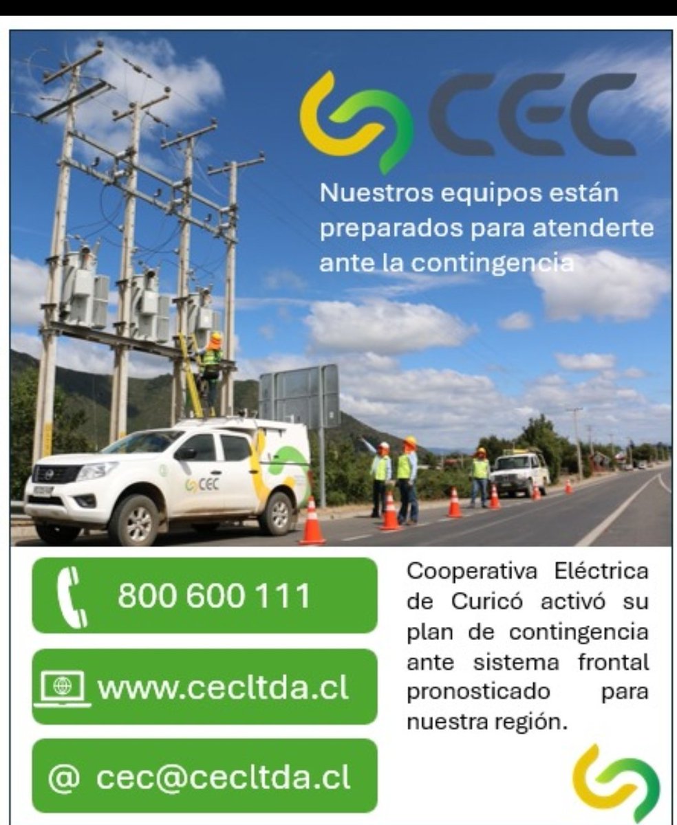 radiocondell's tweet photo. Cooperativa Eléctrica Curicó mantiene desplegados personal y equipos para atender efectos del temporal en la zona. Al momento se atiende falla en San Martin Las piedras, El Porvenir, El Maitén, alrededores, por caída de árbol, zona oriente de Curicó. Disponible fono 800600111. https://t.co/mFsGopxLKE